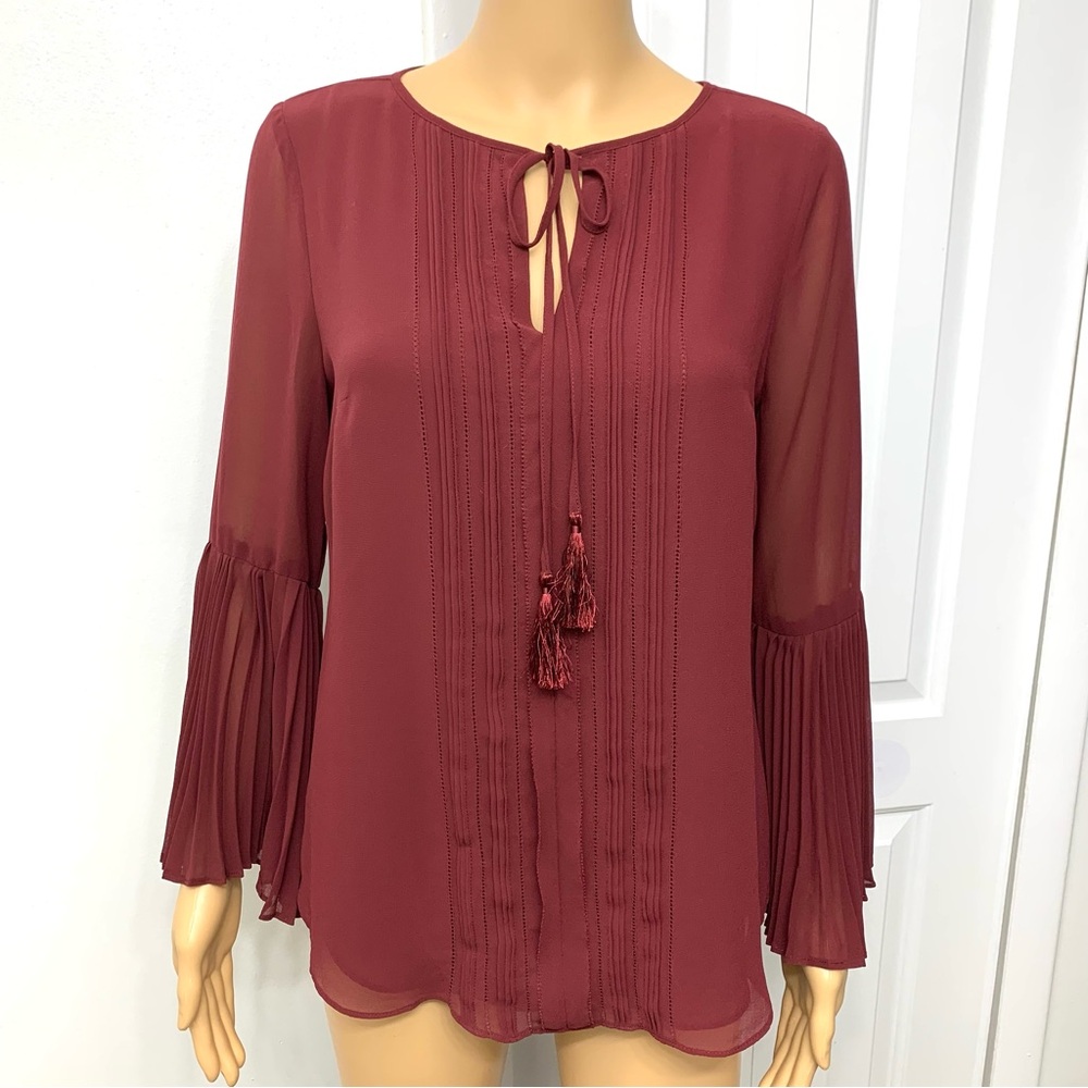 White House Black Market Burgundy Blouse with Tassel Detail size S